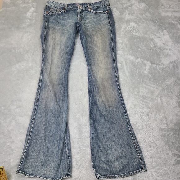 VTG 7 Seven For All Mankind Dojo Jeans Womens‎ 31 Blue Faded Low Flare USA Y2K - Picture 1 of 12